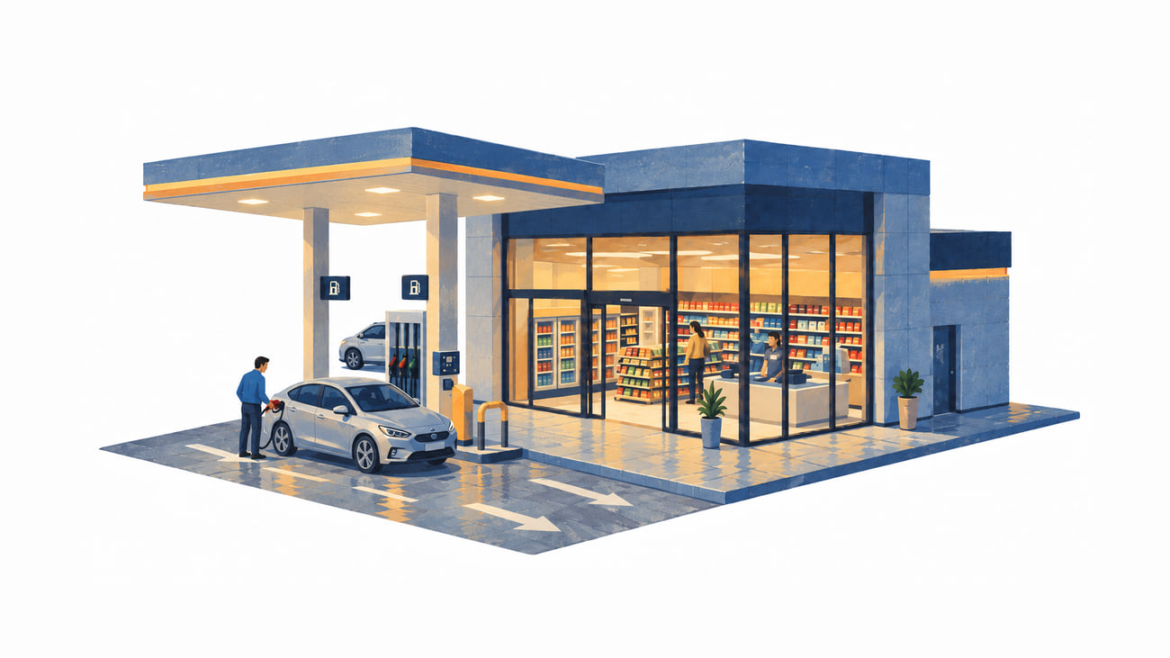 Illustration of a convenience store with a fuel canopy, a car at the pump, and customers inside